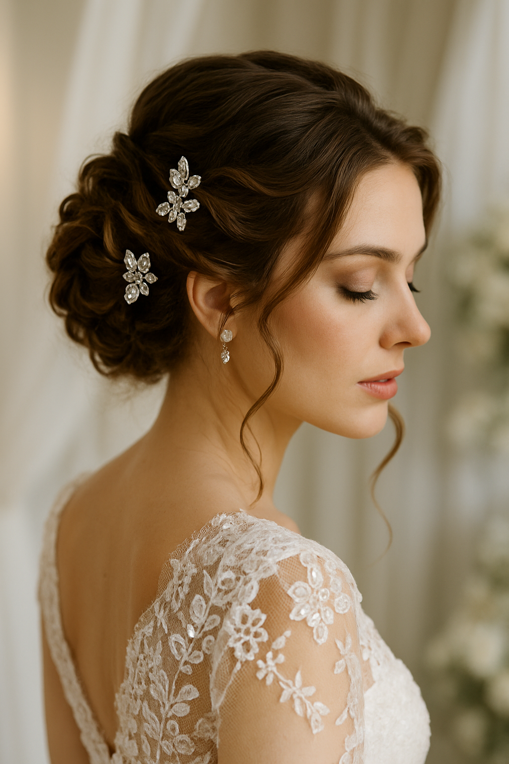 A bride with an intricate twisted updo adorned with crystal accents, wearing a lace wedding dress.