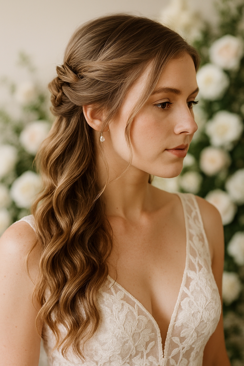 A bride with soft waves and elegant twists in her hair, complemented by pearl earrings, set against a floral background.