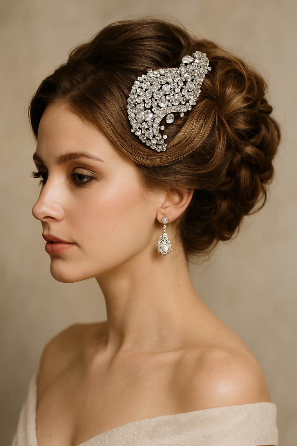 A woman with an intricate updo hairstyle adorned with a jewel-encrusted fascinator, showcasing elegance and style.