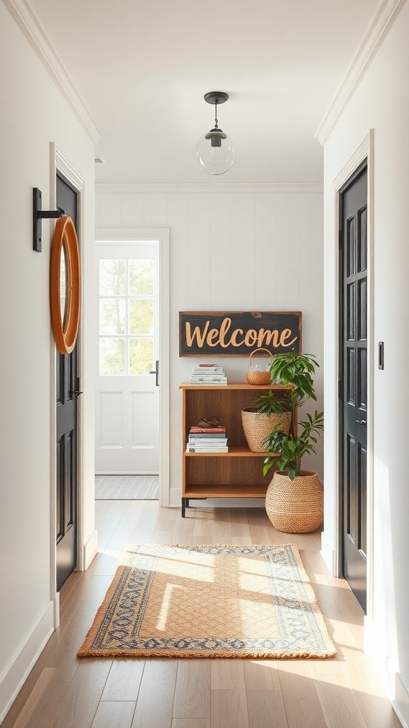 A stylish entryway featuring a welcome sign, wooden shelf with books, and a plant.