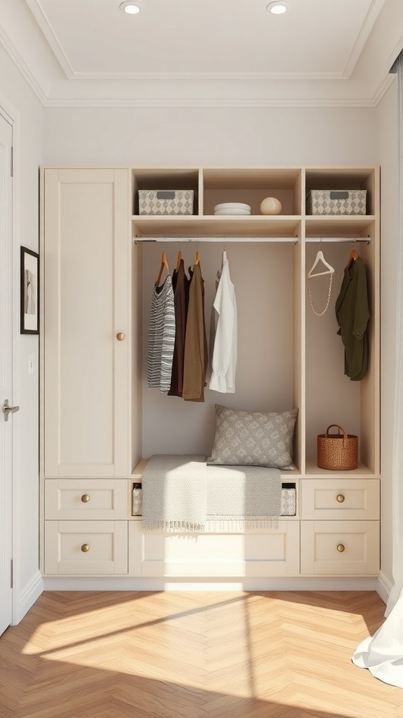 A stylish wardrobe with hanging clothes, storage drawers, and a seating area.