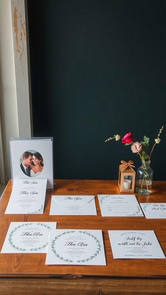 A variety of elegant wedding invitations and stationery displayed on a wooden table.