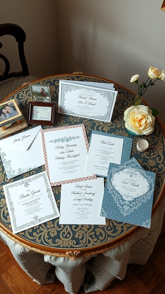 A collection of wedding invitations and stationery arranged on a table, with floral decor and personalized designs.
