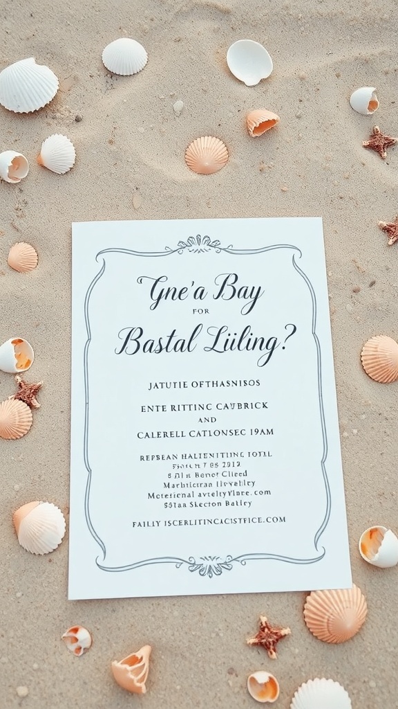 A beach wedding invitation on the sand with seashells around it.