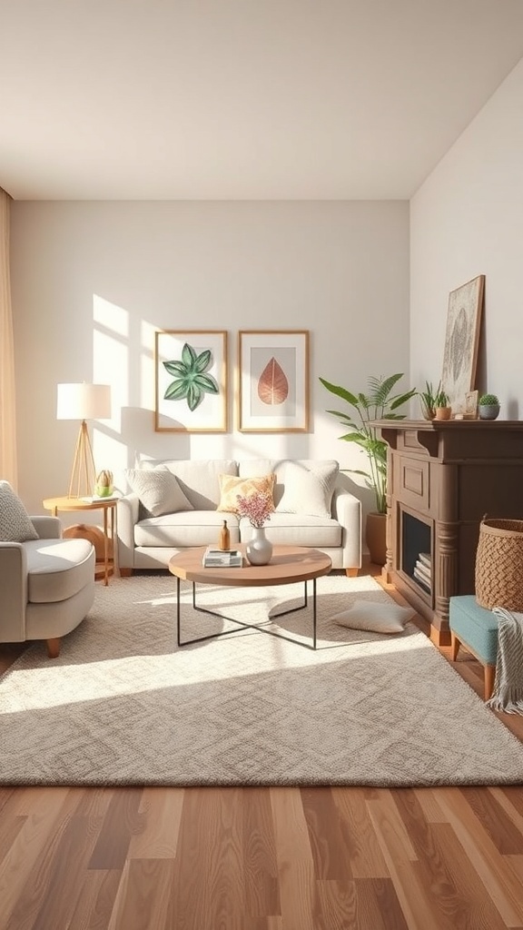 Cozy earthy living room with a soft area rug, light-colored furniture, and warm wooden floors.