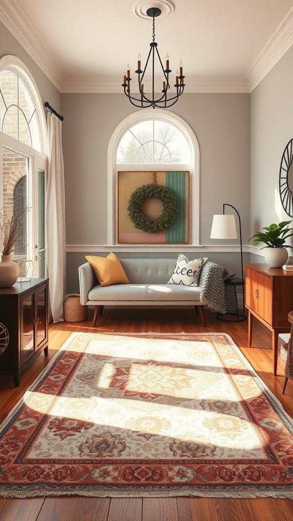 A cozy entryway featuring a patterned area rug, a sofa, and natural light.