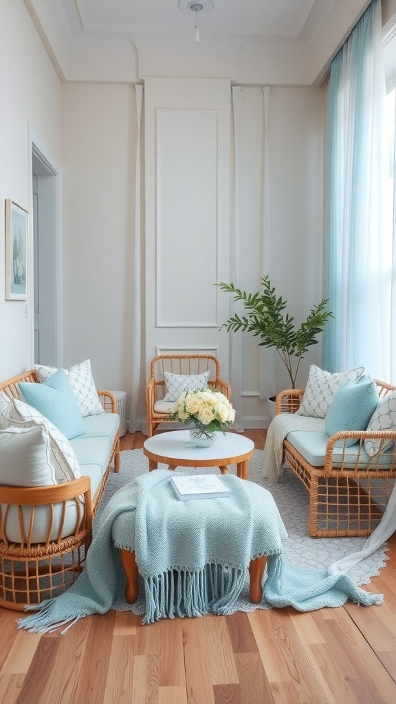 A cozy baby blue bridal shower seating area featuring comfortable rattan chairs, blue cushions, a central white table with flowers, and a soft throw blanket.