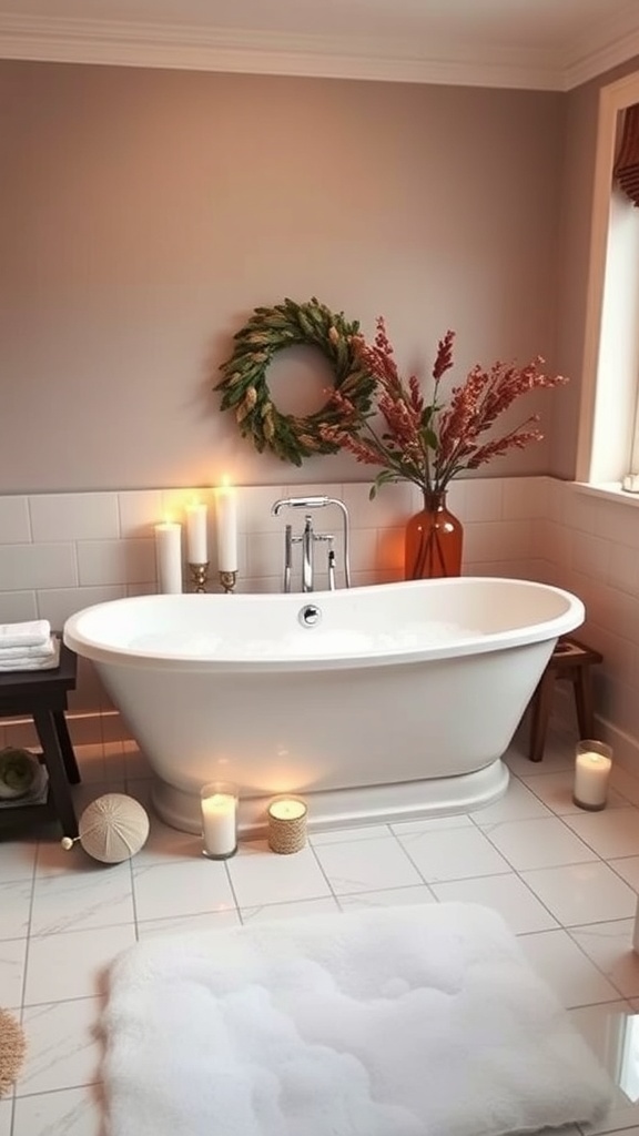 A cozy bathroom featuring a white bathtub, candles, and decorative elements.