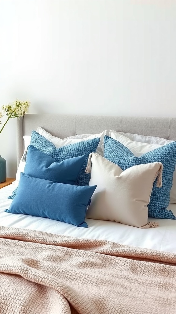 A cozy bed with blue and beige throw pillows arranged on it, featuring a soft pink blanket.