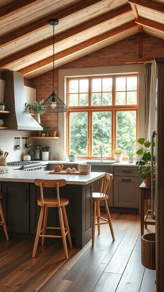 Rustic farmhouse kitchen featuring an inviting breakfast bar with wooden stools and a bright atmosphere.
