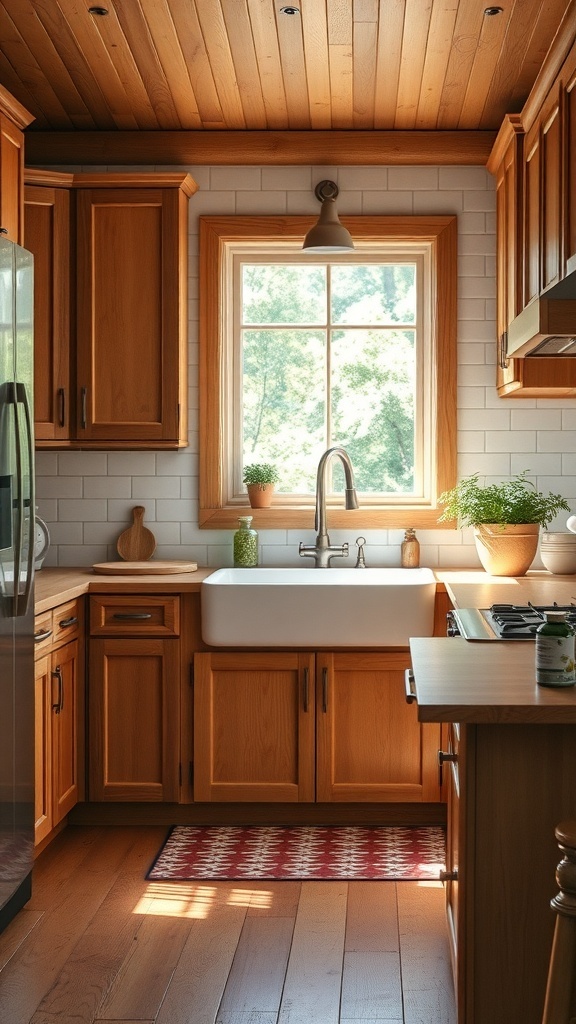 Cozy cabin kitchen with wooden cabinets, a farmhouse sink, and natural light from a window.
