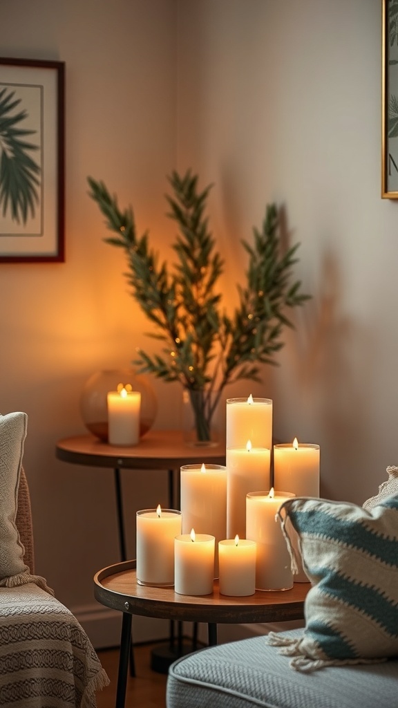 A cozy winter decor scene featuring multiple candles of varying heights, a leafy plant, and a soft throw blanket.