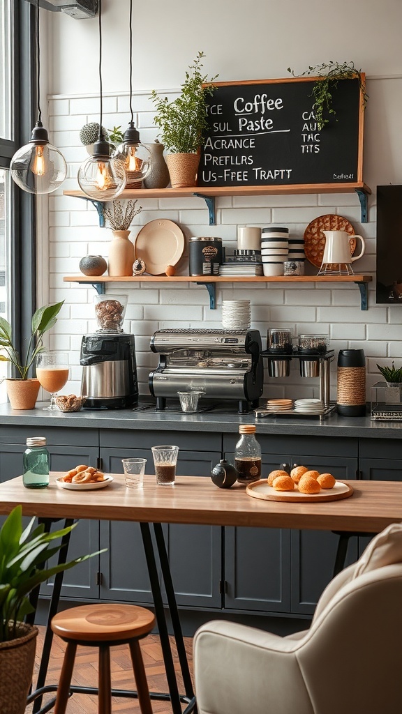 A cozy coffee bar setup featuring wooden shelves, a coffee machine, and a warm atmosphere.