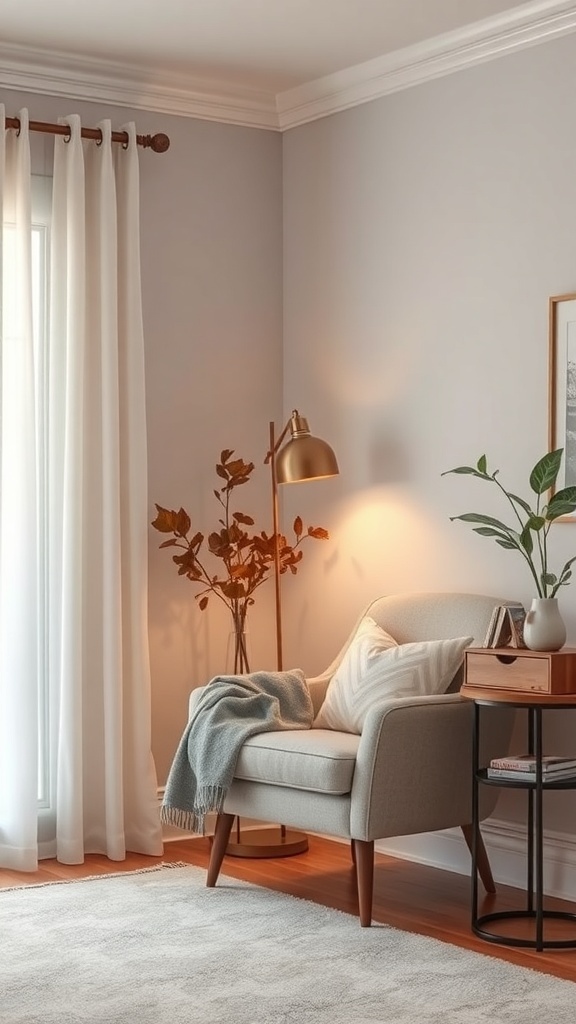 Cozy contemporary living room nook with an armchair, lamp, and plants