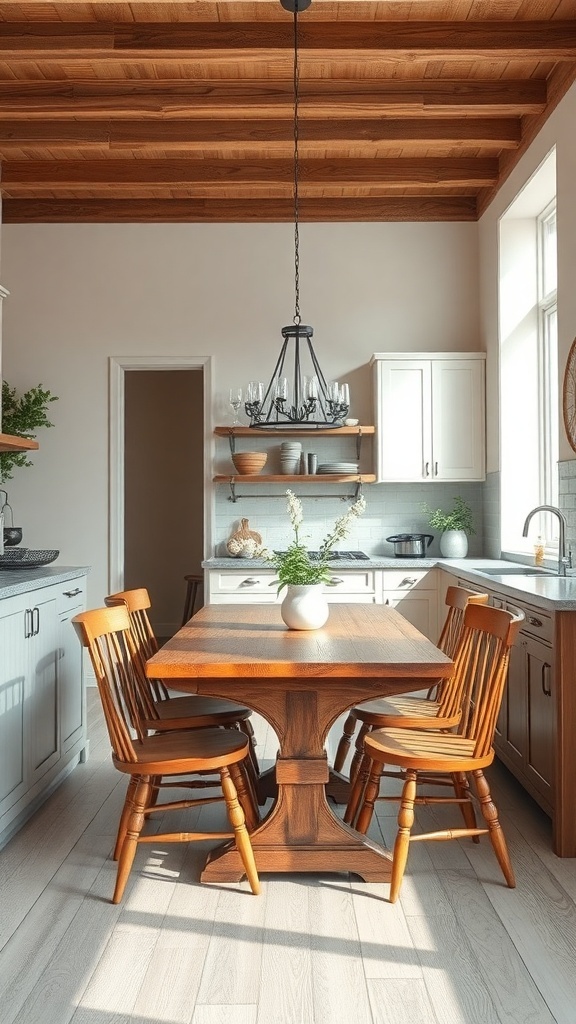 Warm neutral kitchen with a wooden dining table and chairs, featuring natural light and a chandelier.