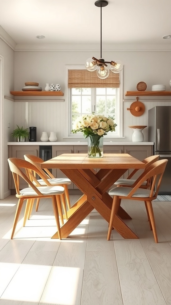 Cozy kitchen dining area with a wooden table, stylish chairs, and a vase of flowers.
