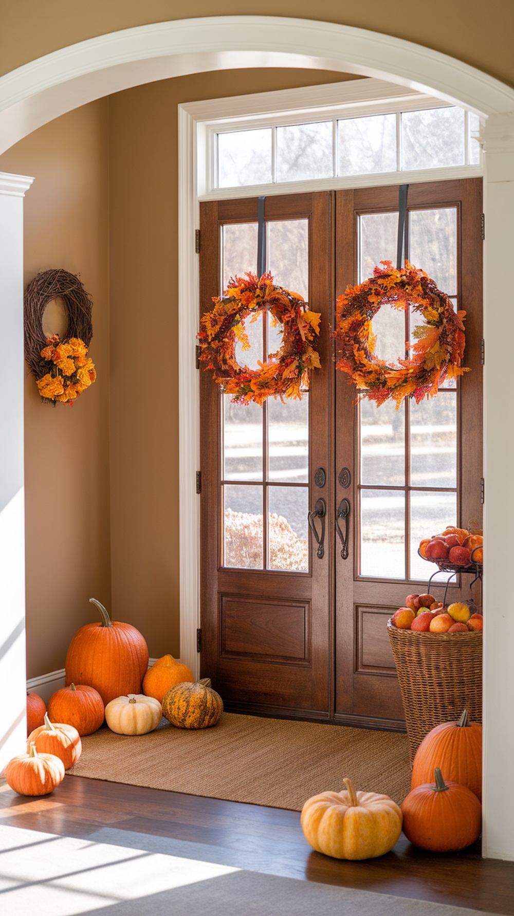 A cozy entryway decorated for Thanksgiving with wreaths, pumpkins, and a basket of apples.