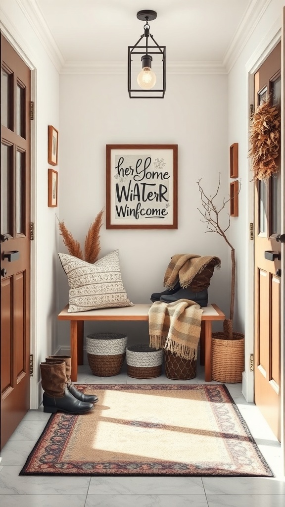 Cozy winter entryway with a welcoming sign, bench, pillows, baskets, and a rug.