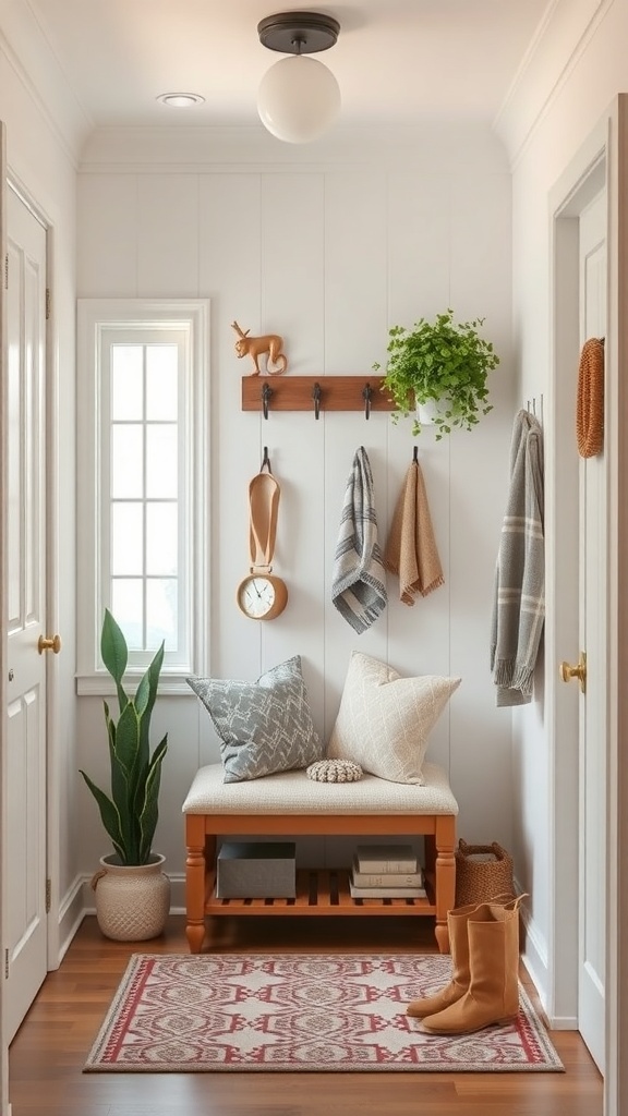 A cozy entryway featuring a bench with pillows, a potted plant, wall hooks, a clock, and a decorative rug.
