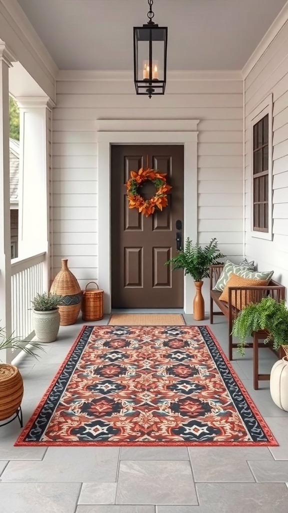 A cozy porch with a decorative rug, potted plants, and a welcoming door.