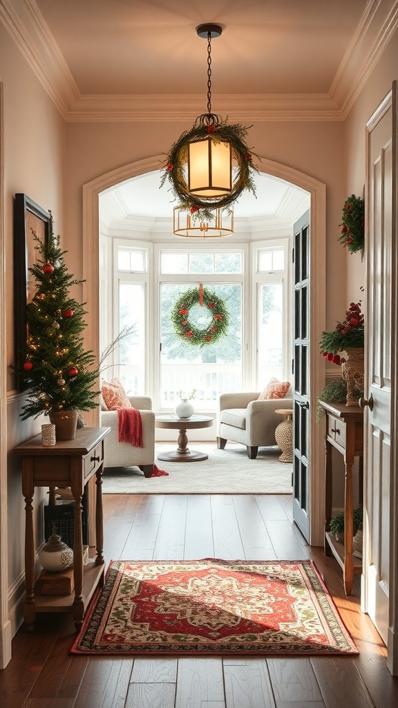 A cozy entryway decorated for Christmas with a small tree, wreaths, and warm lighting.