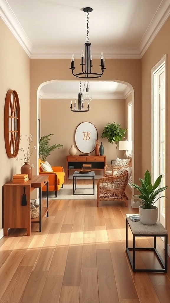 A cozy earthy living room entryway featuring warm tones, stylish furniture, and natural light.