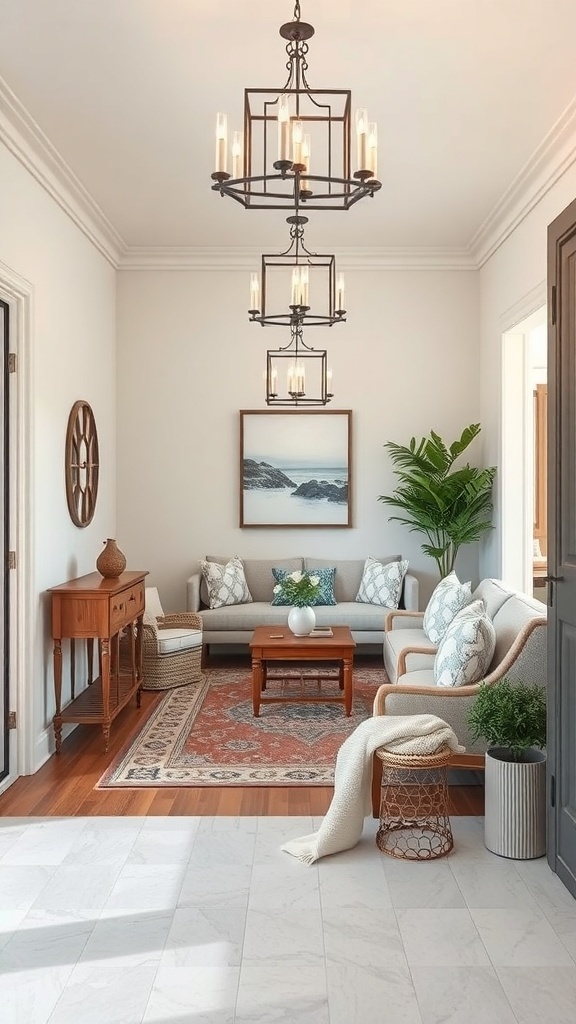 Cozy coastal living room with a welcoming entryway, featuring a sofa, coffee table, and potted plant.