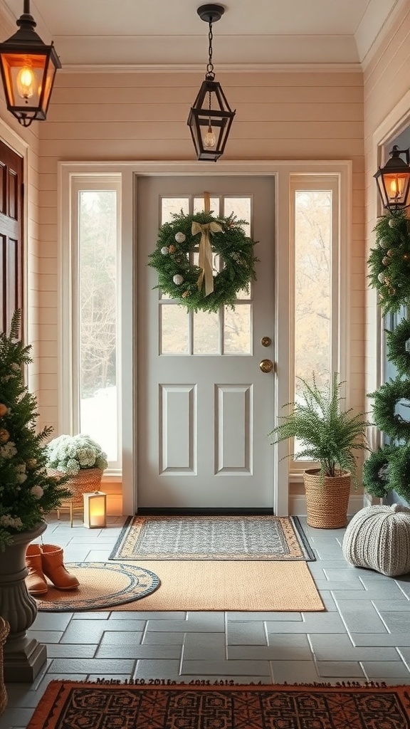 A cozy winter entryway featuring a decorated door with a wreath, lanterns, plants, and rugs.