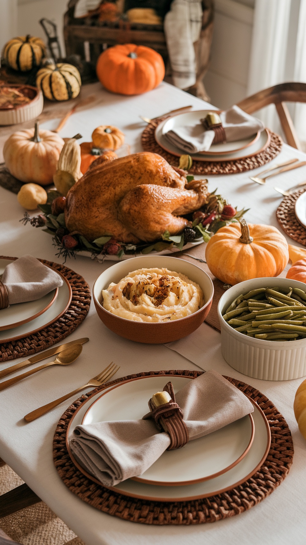 A rustic Thanksgiving table setting with a golden turkey, mashed potatoes, green beans, and decorative pumpkins.