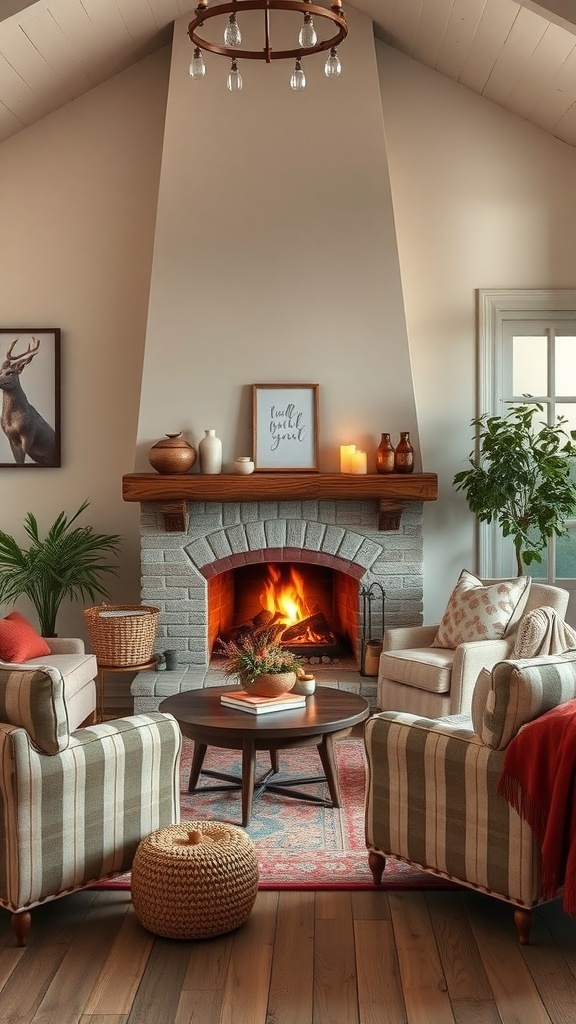 Cozy cottage living room with a fireplace, comfortable chairs, and warm decor