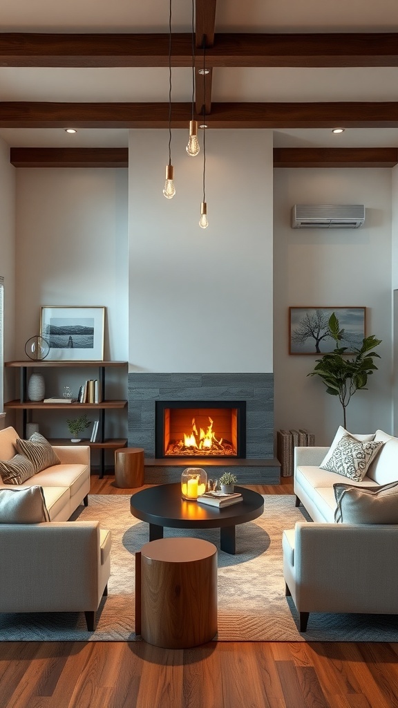 Cozy living room with a fireplace, comfortable seating, and warm lighting.