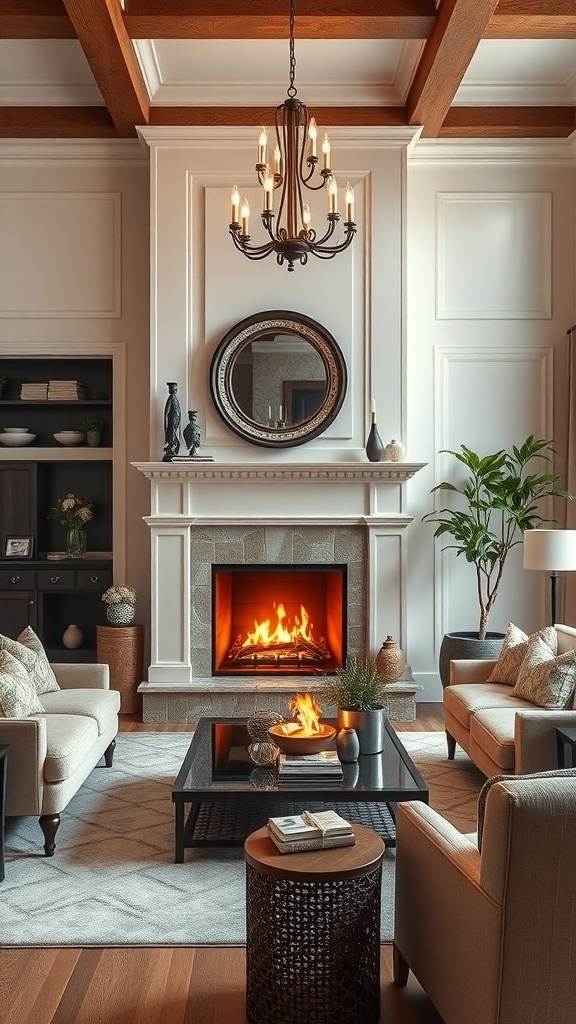 A cozy living room featuring a stylish fireplace, comfortable seating, and elegant decor.