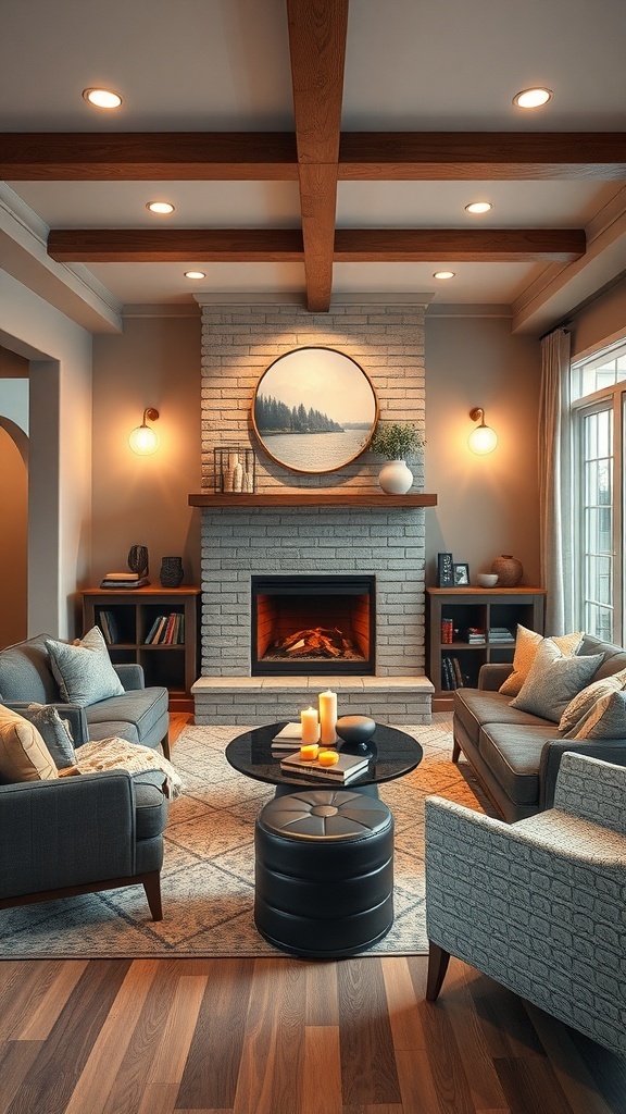 Cozy basement with a modern fireplace, comfortable seating, and warm lighting.