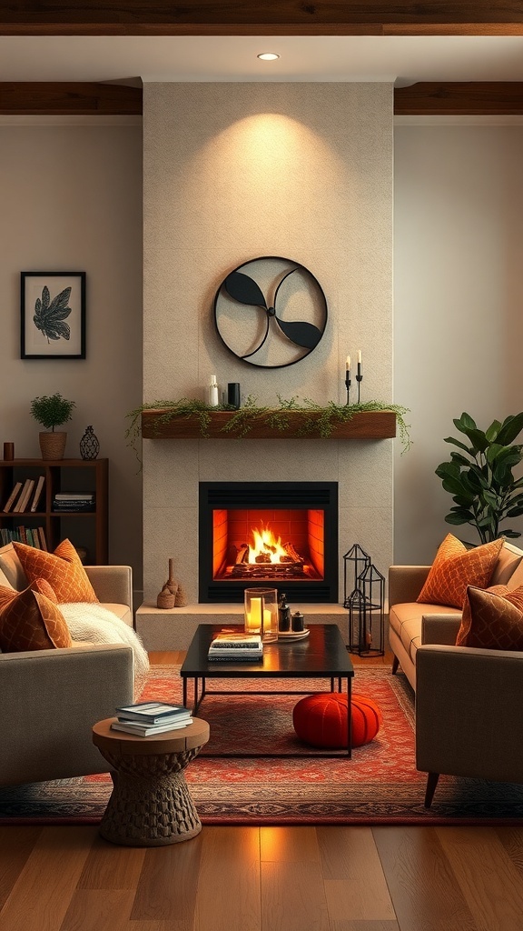 Cozy living room with a fireplace, two sofas, a coffee table, and warm decor.
