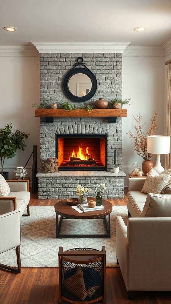 Cozy living room with a fireplace, soft seating, and a round coffee table.
