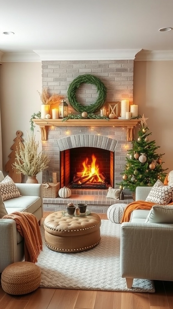 Cozy winter living room with a fireplace, wreath, and festive decor