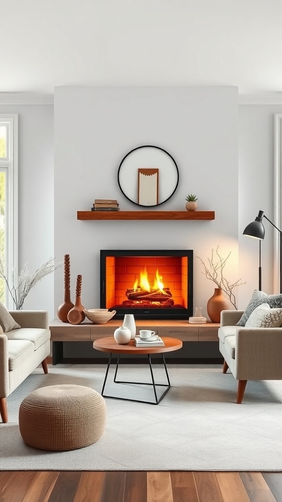Cozy Scandinavian living room with a fireplace, comfortable seating, and warm decor.