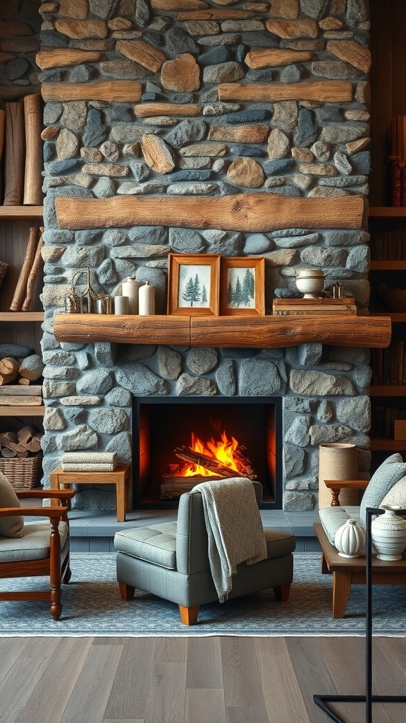 A rustic stone fireplace with wooden mantel, surrounded by comfortable seating and decorative items.