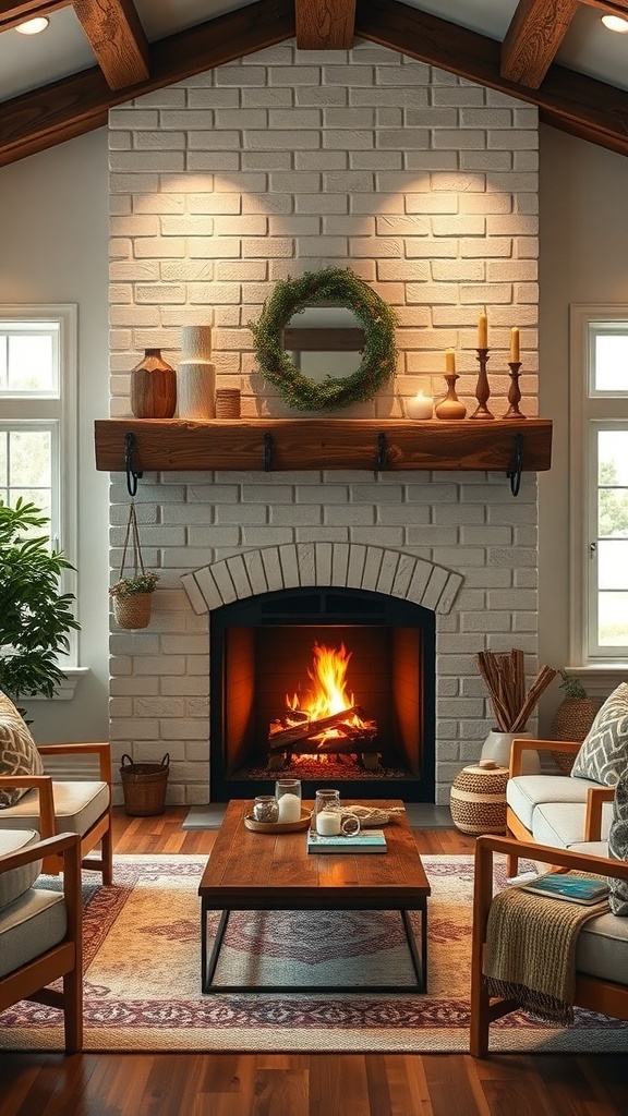 Cozy rustic farmhouse living room with a fireplace, wooden mantel, and comfortable seating.