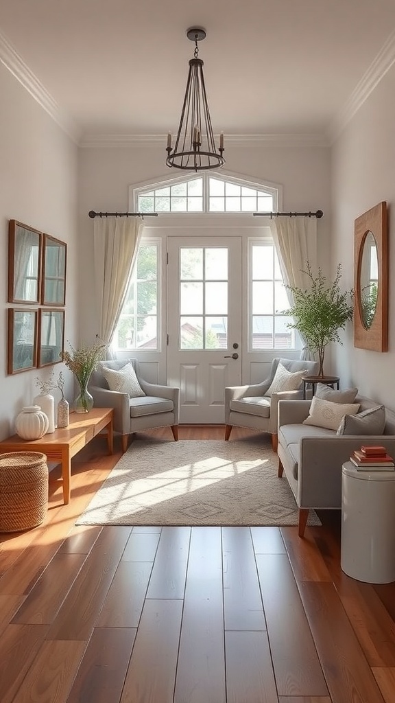 A rustic entryway featuring a bright space with a large front door, two armchairs, a wooden table, and decorative plants.