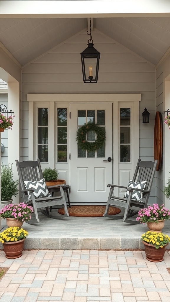 A rustic cottage front porch with gray rocking chairs, colorful flower pots, and a welcoming door.
