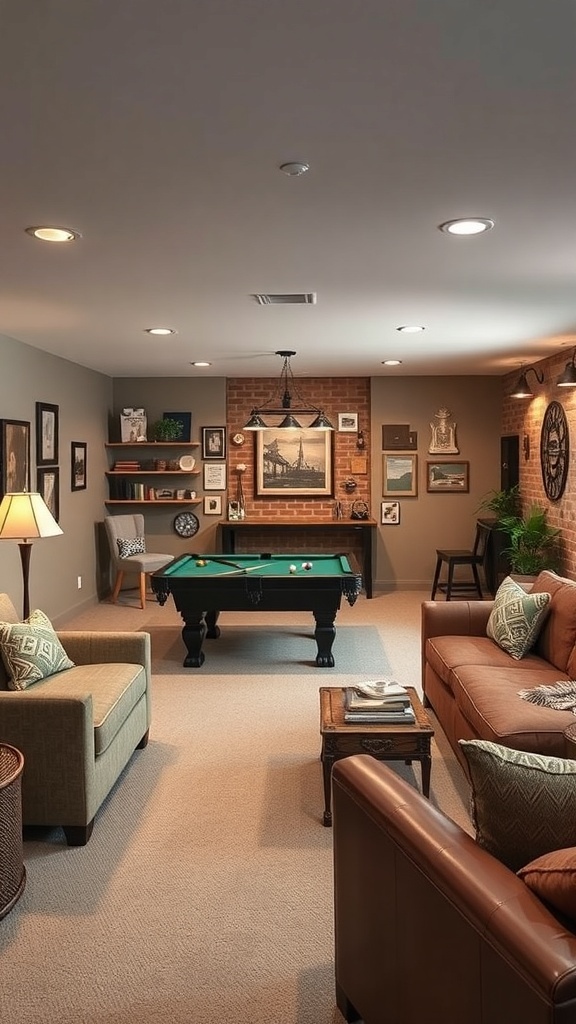 Cozy basement game room with vintage decor, featuring a pool table, comfortable seating, and wall art.