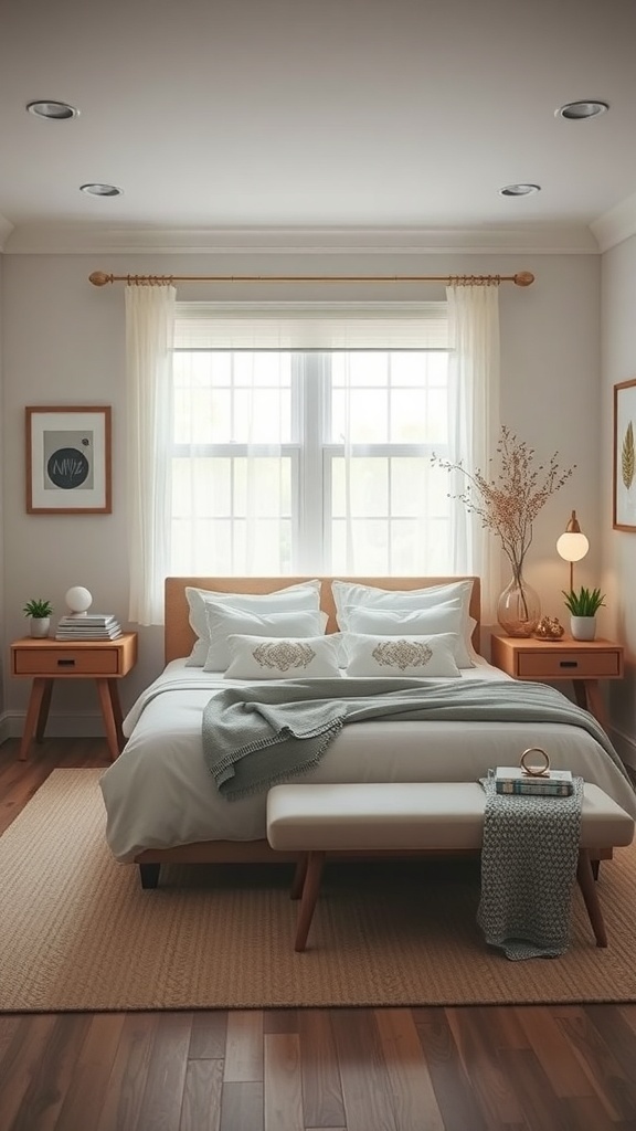 A cozy guest room featuring a neatly made bed, stylish nightstands, and natural light.