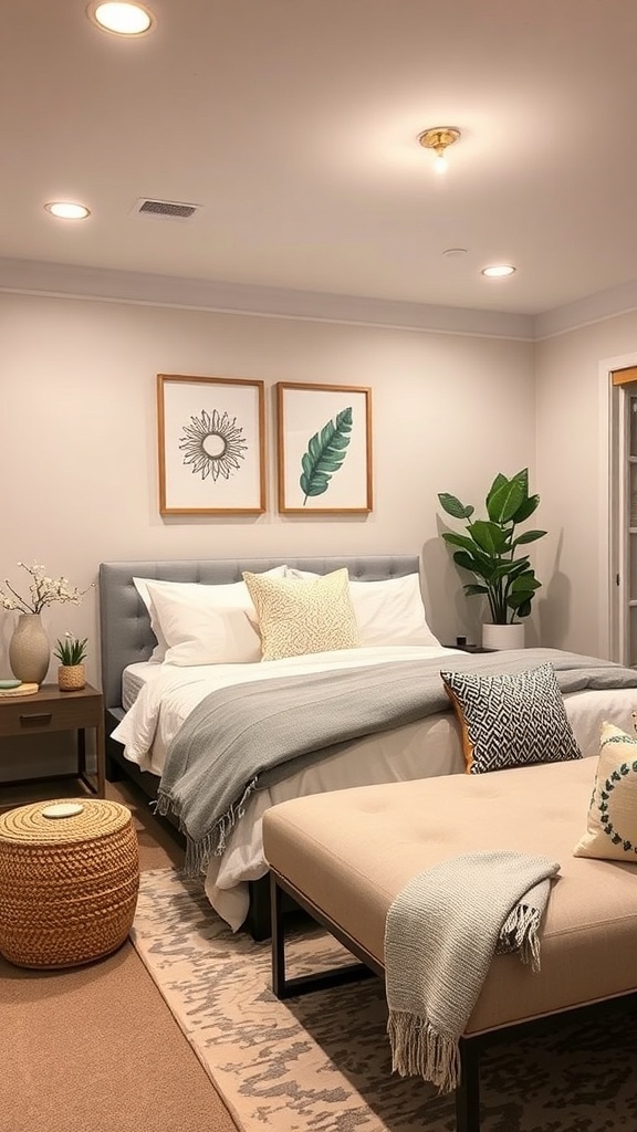 Cozy guest suite in a basement with a comfortable bed, plants, and decorative elements.