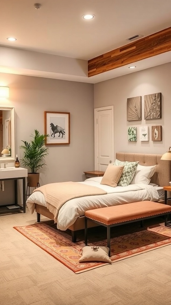 Cozy basement guest suite with a bed, bench, and potted plant.