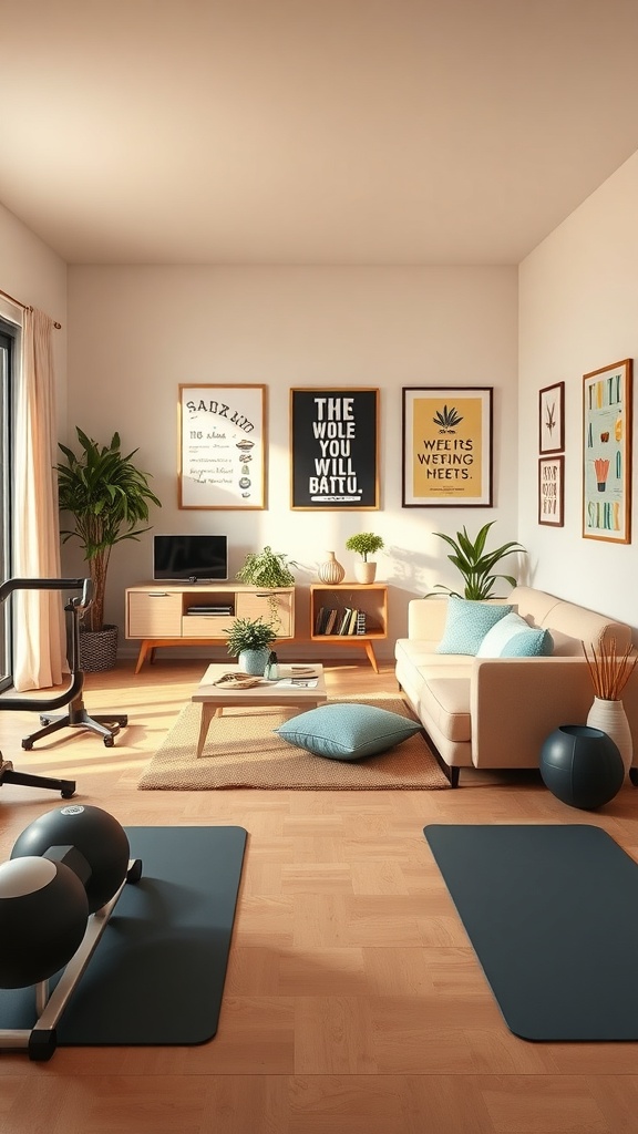 A cozy home gym setup with exercise mats, fitness equipment, plants, and motivational wall art.