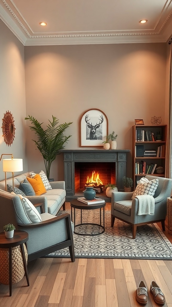 Cozy living room with gray sofas, a fireplace, and a warm atmosphere.