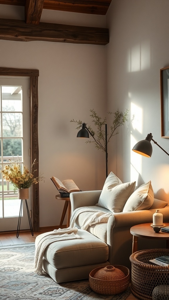 Cozy corner in a rustic French country living room with an armchair, ottoman, and natural decor.