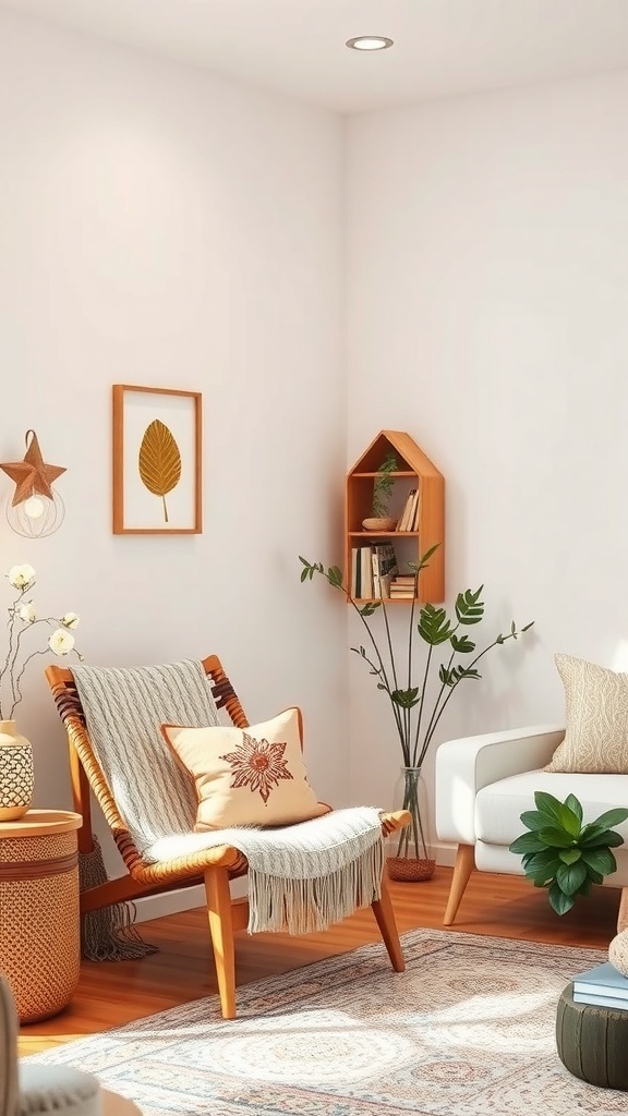 Cozy boho living room nook with a wooden chair, decorative pillow, plants, and warm lighting.