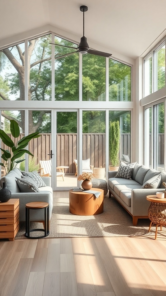 A cozy luxury living room with large windows, natural light, and plants, featuring comfortable seating and warm textures.